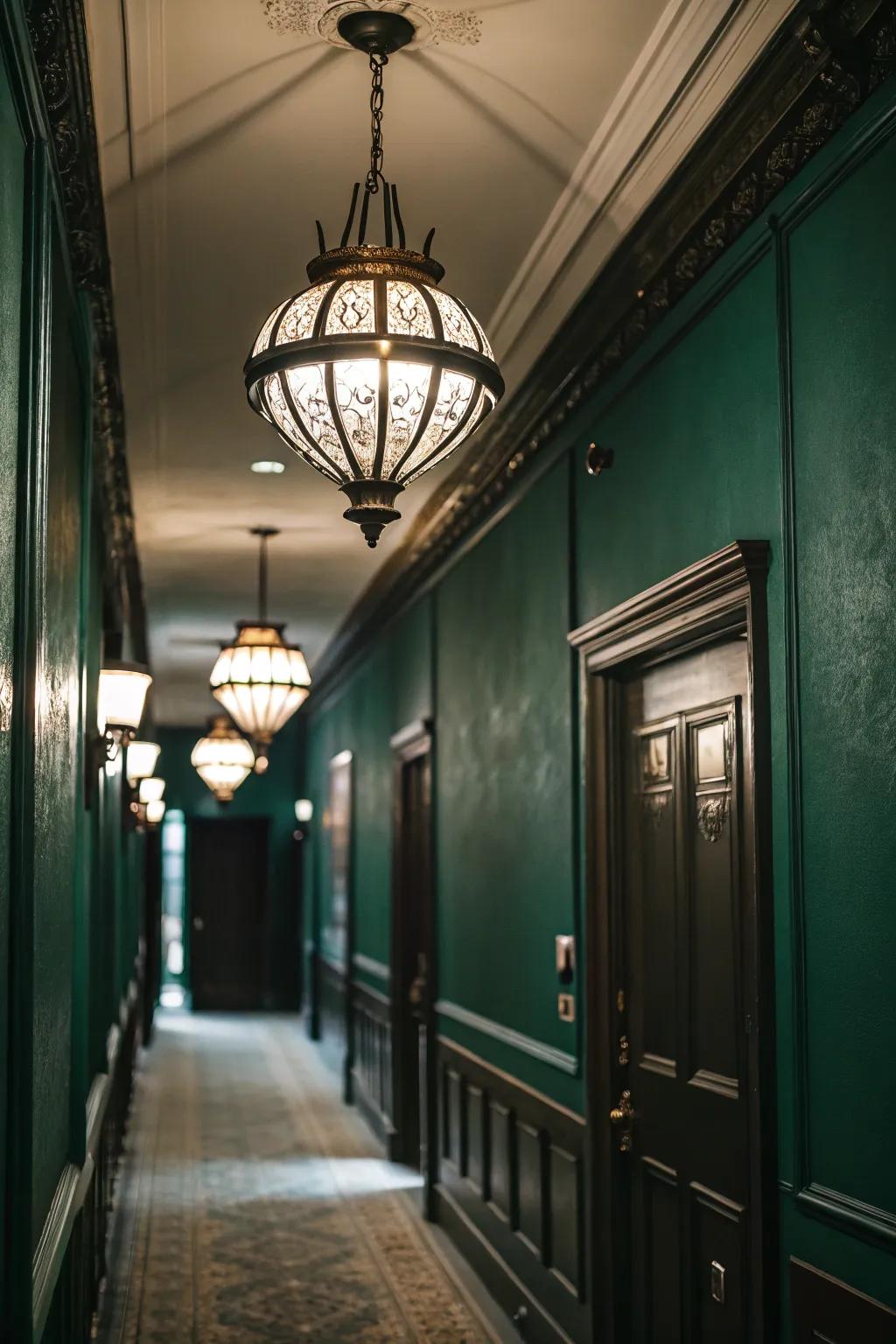 The inclusion of hanging lights introduces a touch of class to this forest green hallway.
