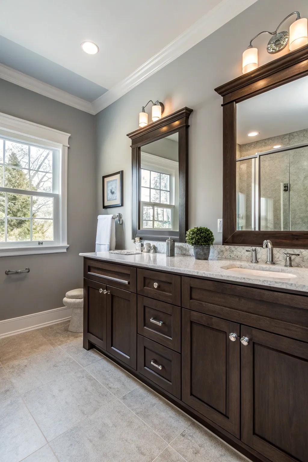 Dark wood storage beautifully contrasted against delicate gray walls.