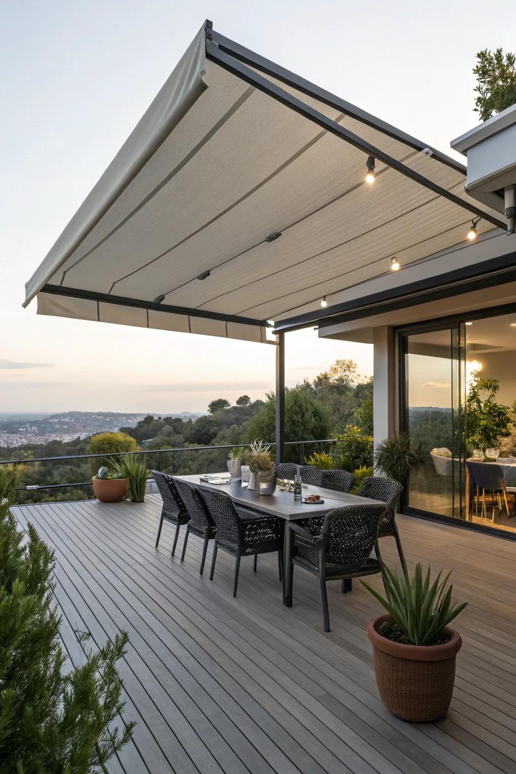 Retractable awnings offer adaptable shade solutions for decks.