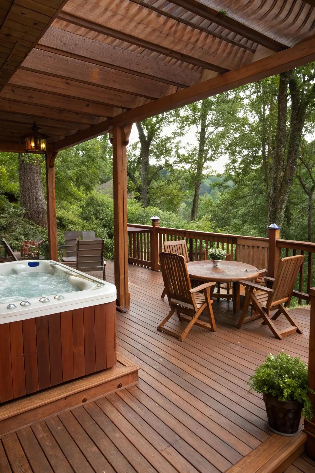 A cozy deck with warm wooden elements surrounding the hot tub.