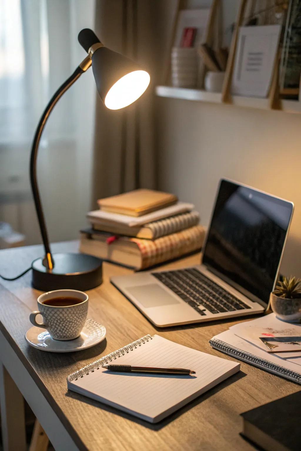 A desk lamp providing ambient lighting for a cozy workspace.