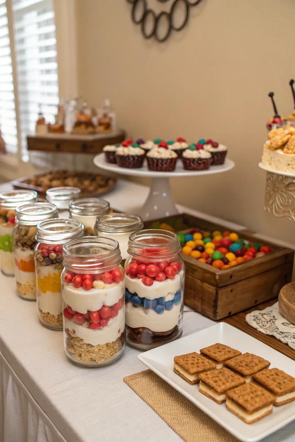 Mason jars add a rustic charm to dessert presentations.