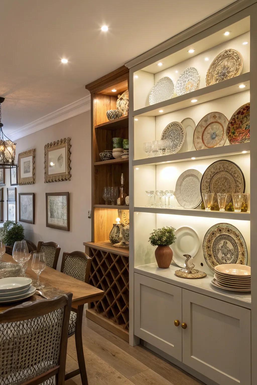 Open shelving combines accessibility with an opportunity to showcase your favorite dining pieces.