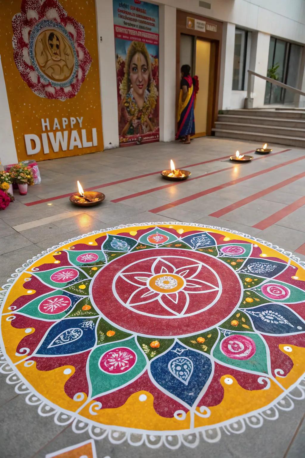 A celebratory Diwali poster showcasing a vibrant colorful floor art pattern.