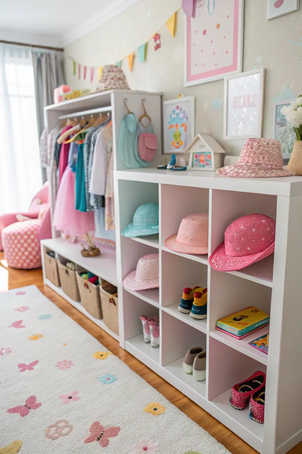 Organized cubbies make accessory storage a breeze.