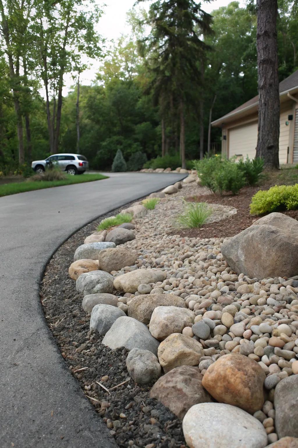 Rocky terrain imparts a natural, textured aesthetic to this driveway.