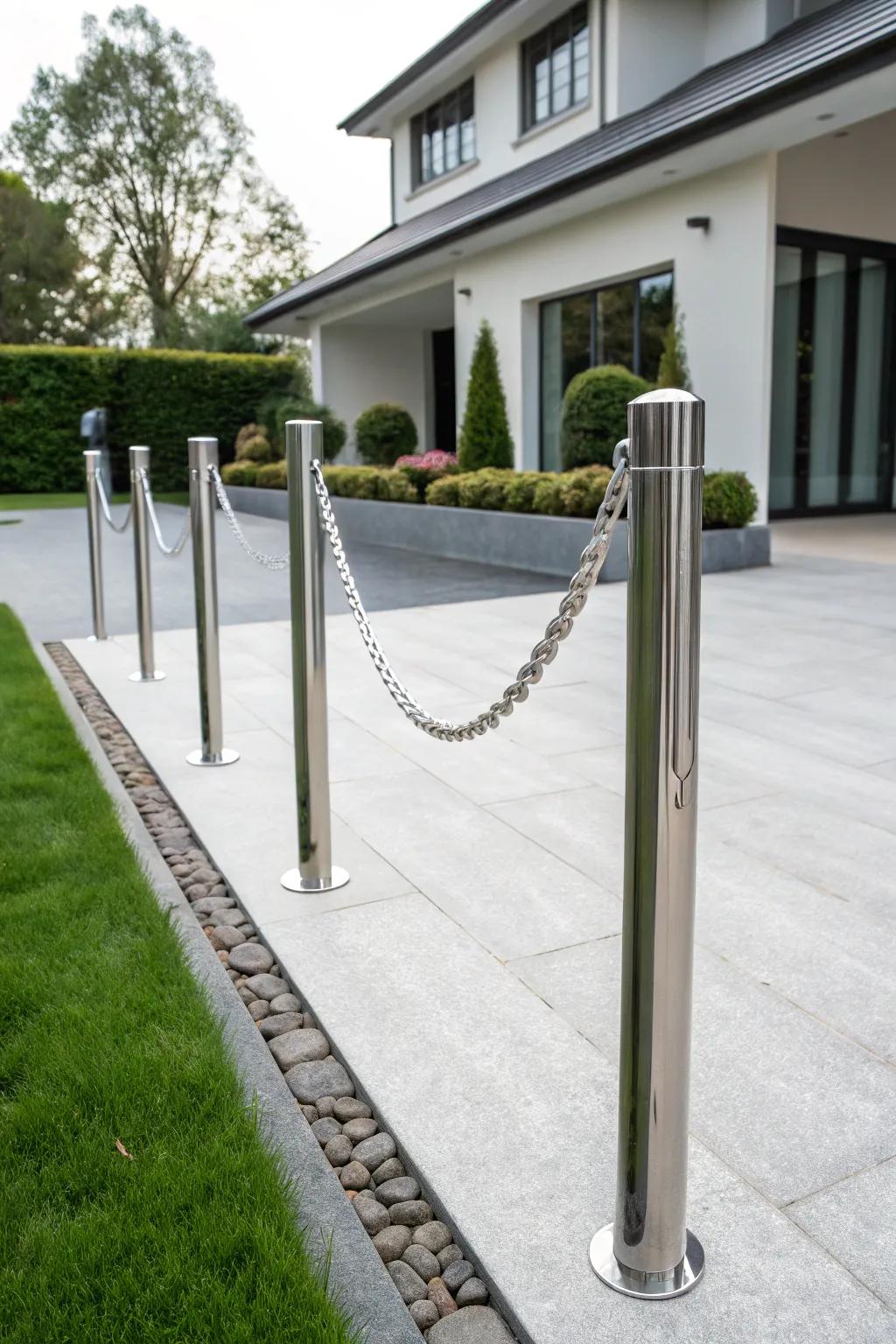 Refined metallic columns combined with a light-colored chain for a modern appearance.