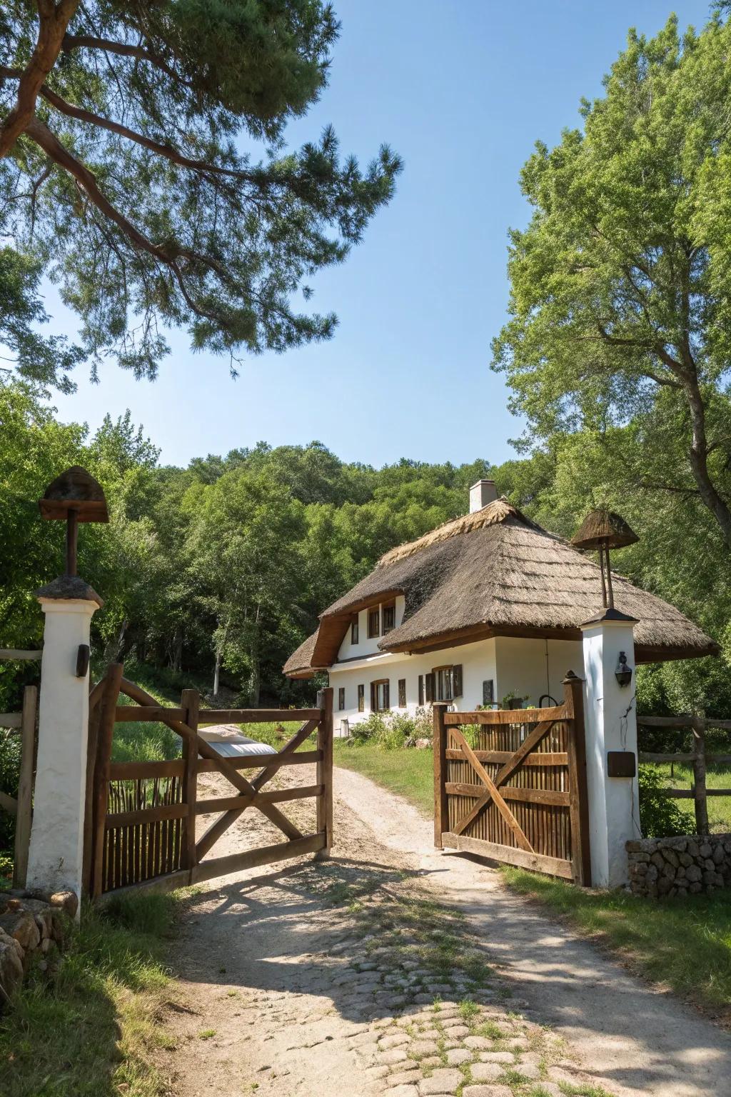 A rustic wooden gate that perfectly blends with its natural surroundings.