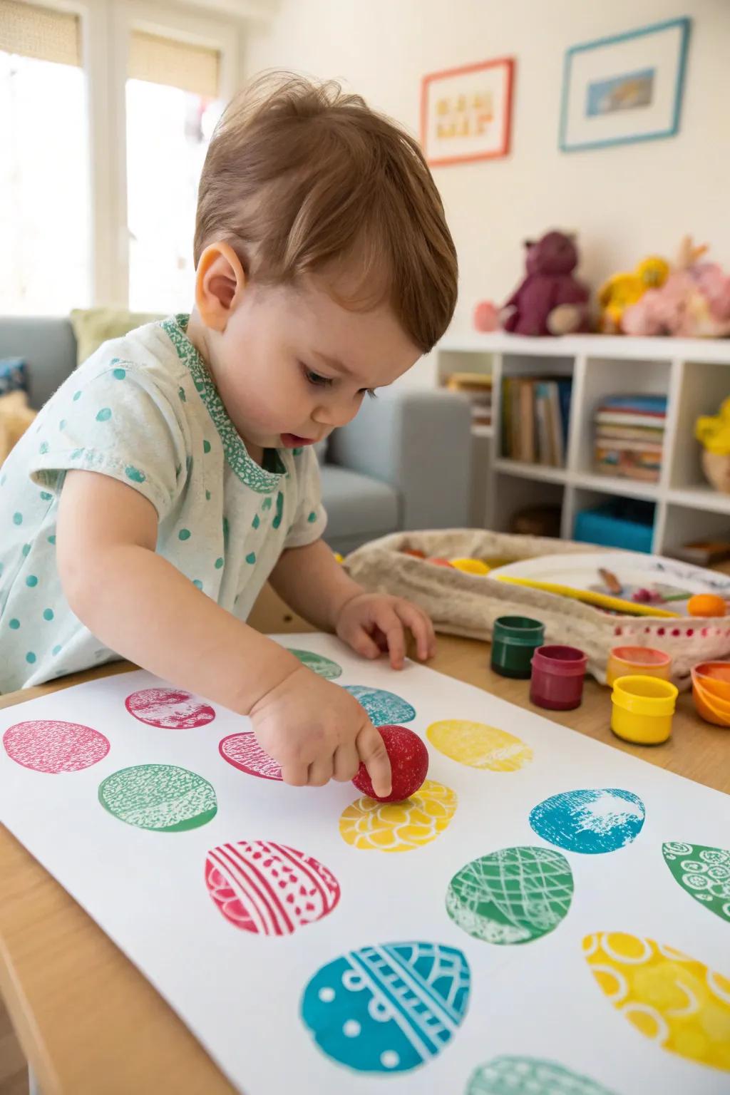 A young child's artistic endeavor utilizing handcrafted seasonal gem stamps.
