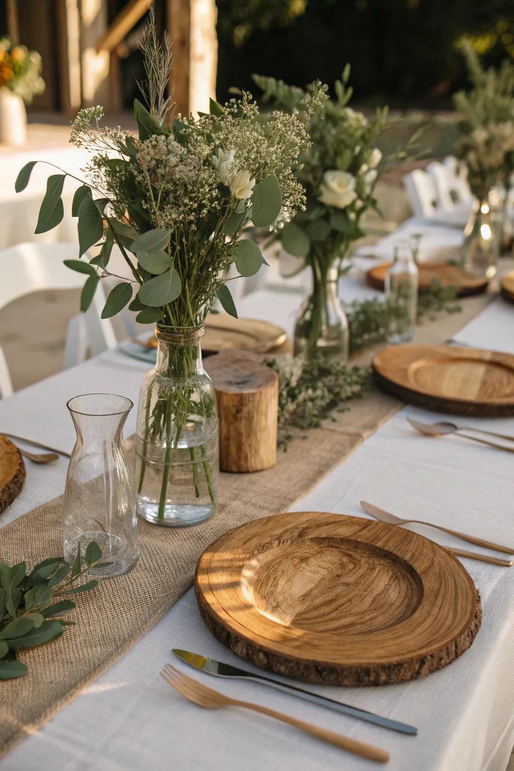 Timber elements provide a countryside allure to this sophisticated arrangement.
