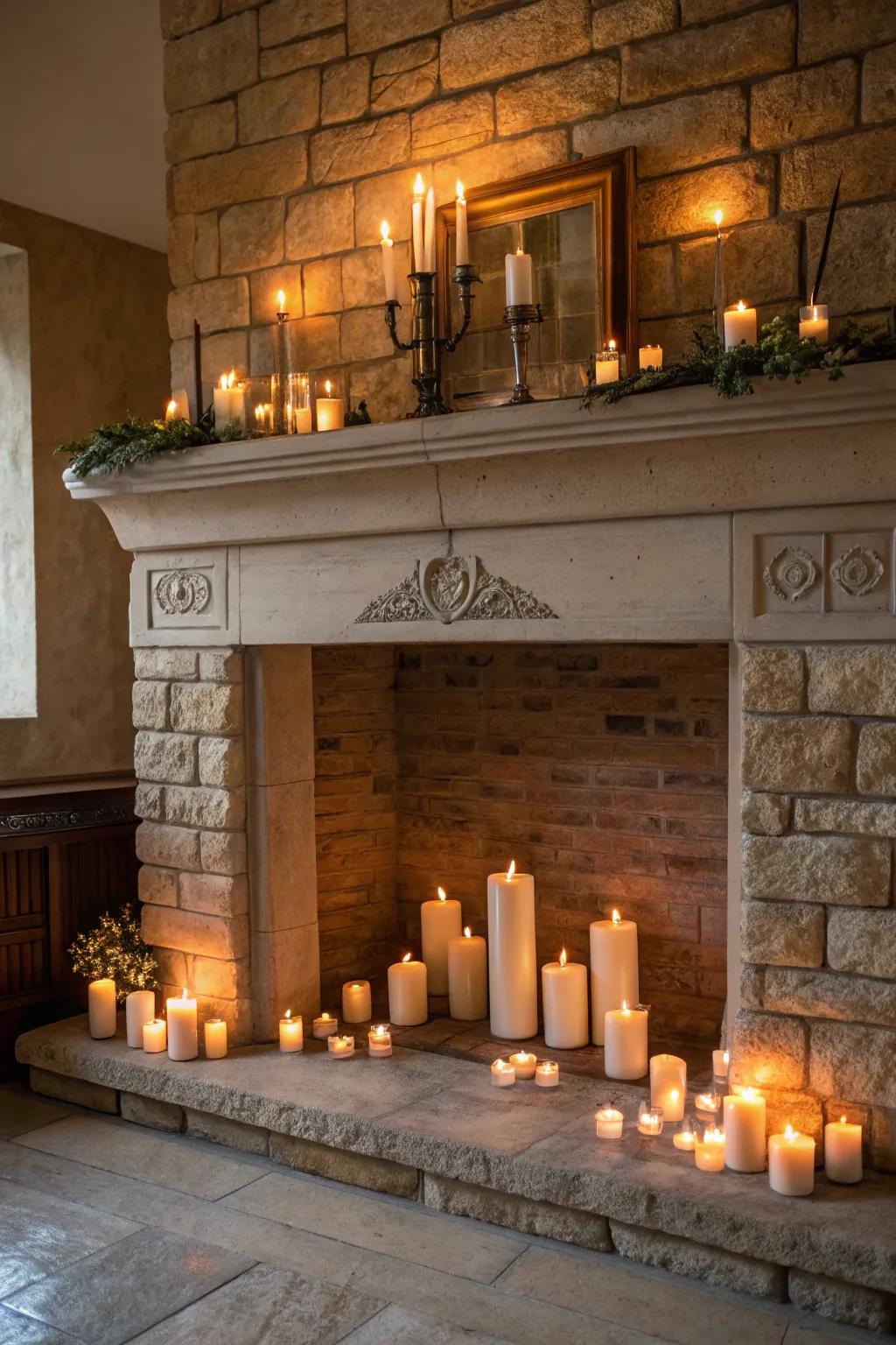 Create a cozy atmosphere with a candlelit fireplace.