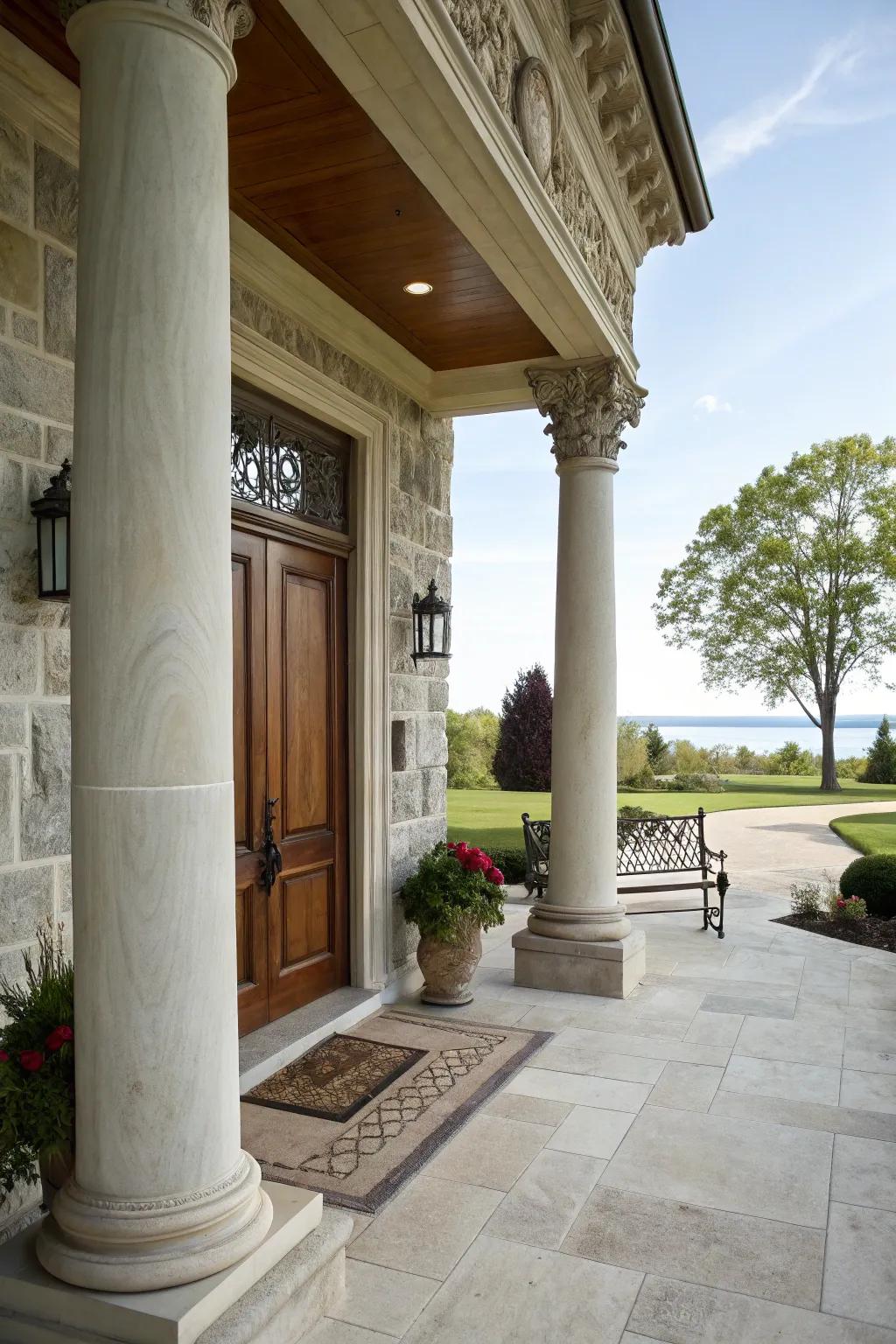 Stately stone columns that add elegance and support to a beautiful front porch.