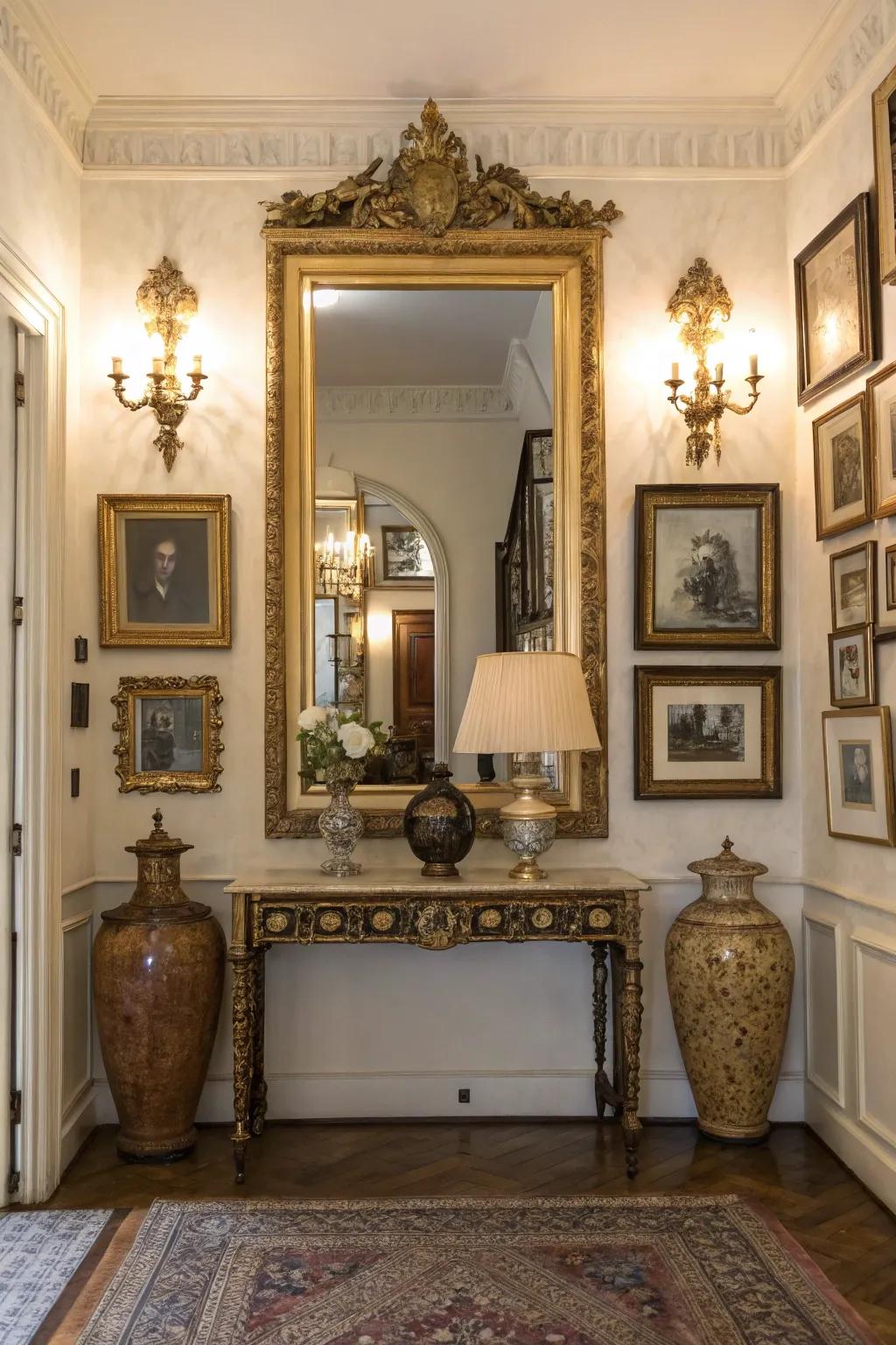 A vintage mirror adds charm and history to a modern entryway.