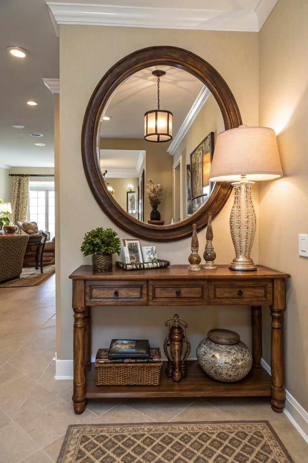 Mirrors enhance light and space, creating a welcoming entryway.