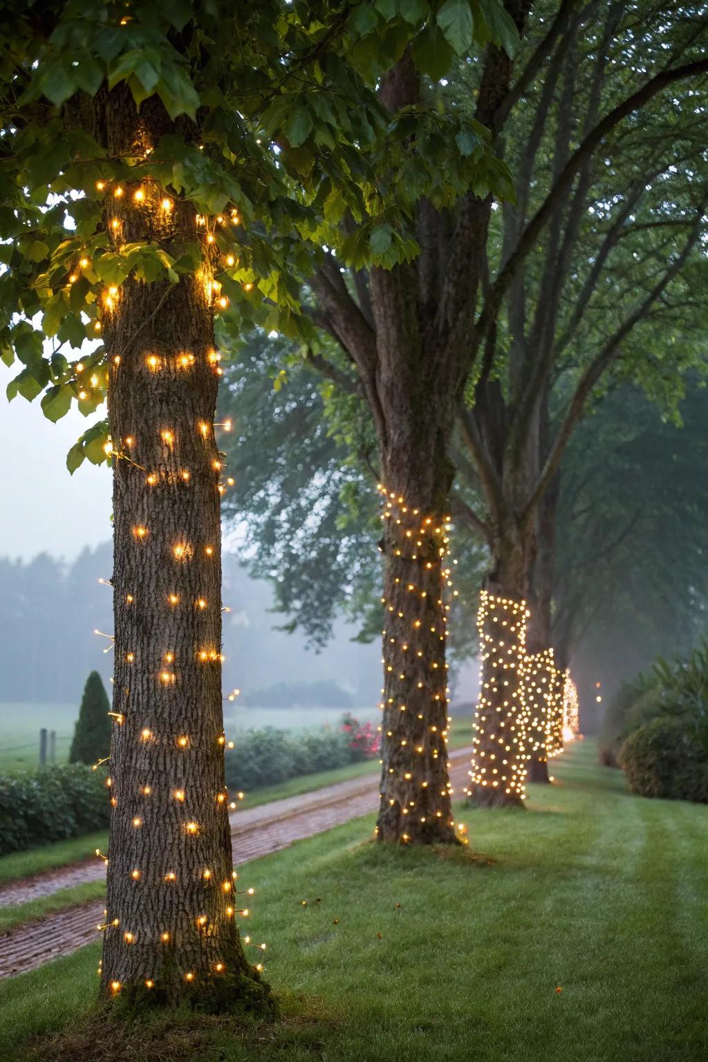 Tree trunks wrapped in twinkling lights add an enchanting glow.