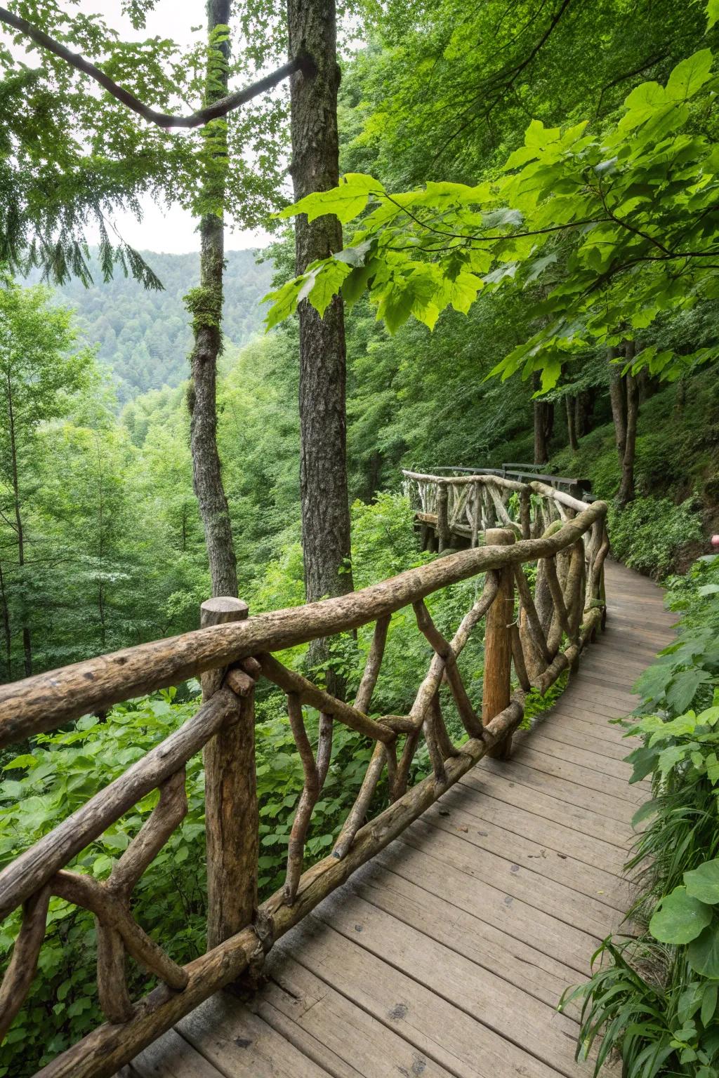 Nature-inspired: Branch and log rustic railing.