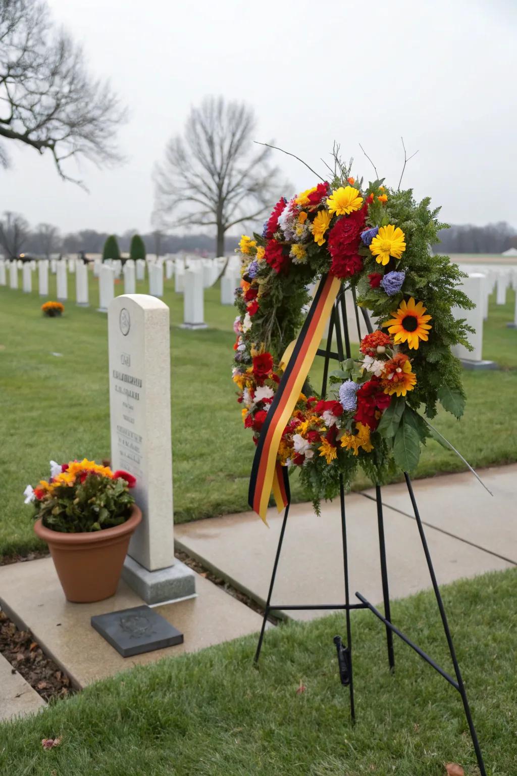 A bright wreath enhances a Father's Day gravesite.