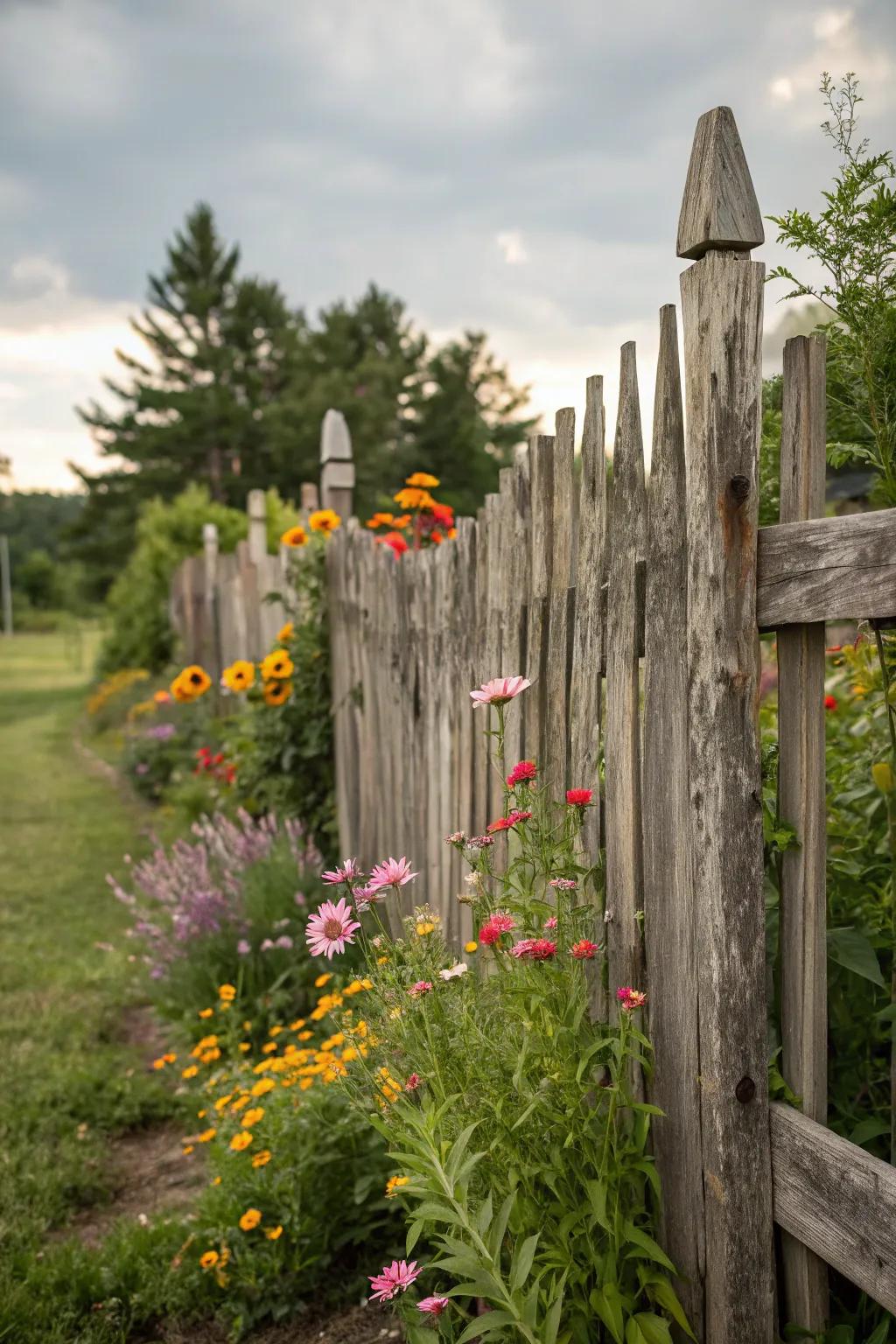 A rustic fence crafted from repurposed wood adds charm and sustainability.