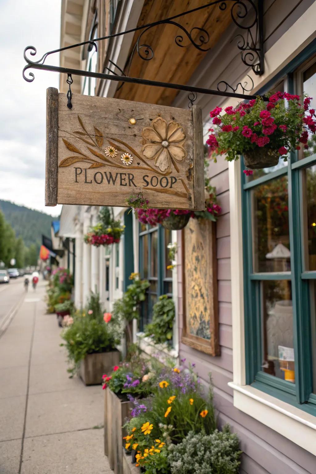 Rustic wooden sign offering timeless elegance to the shopfront