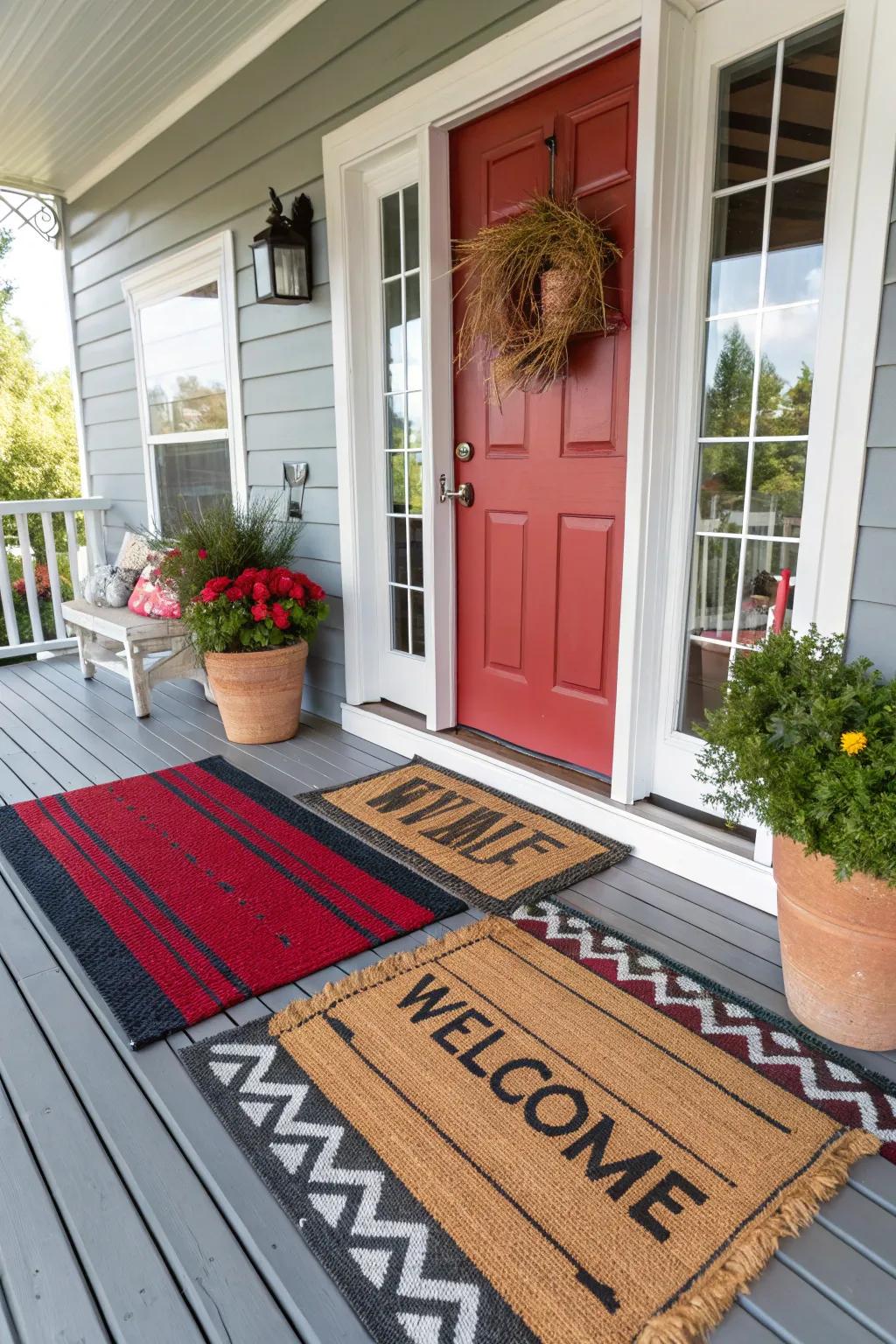 Layered textiles grace a front porch, introducing both depth and coziness.