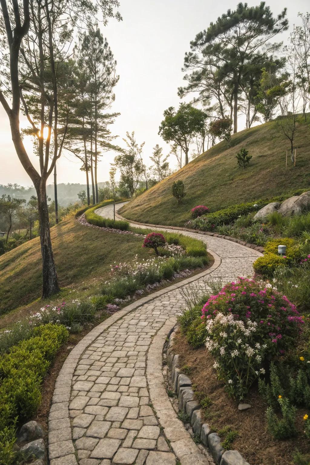 Stone pathways create a natural flow through your front yard hill.