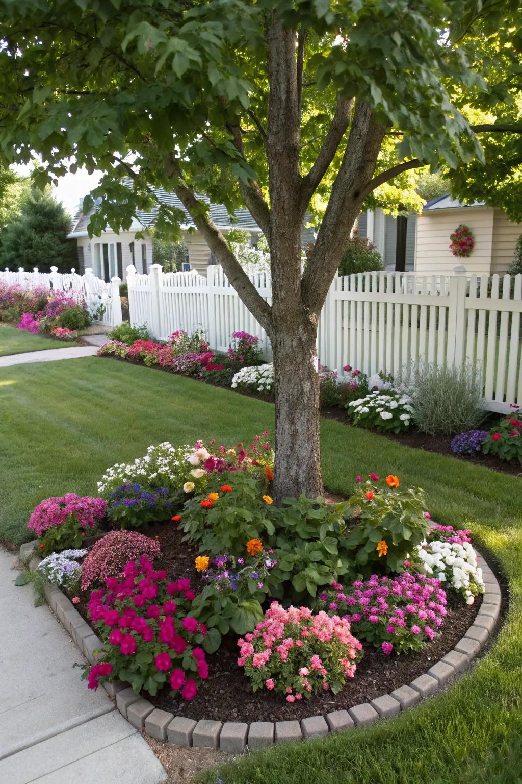 Flower beds bring color and life to the base of a tree.