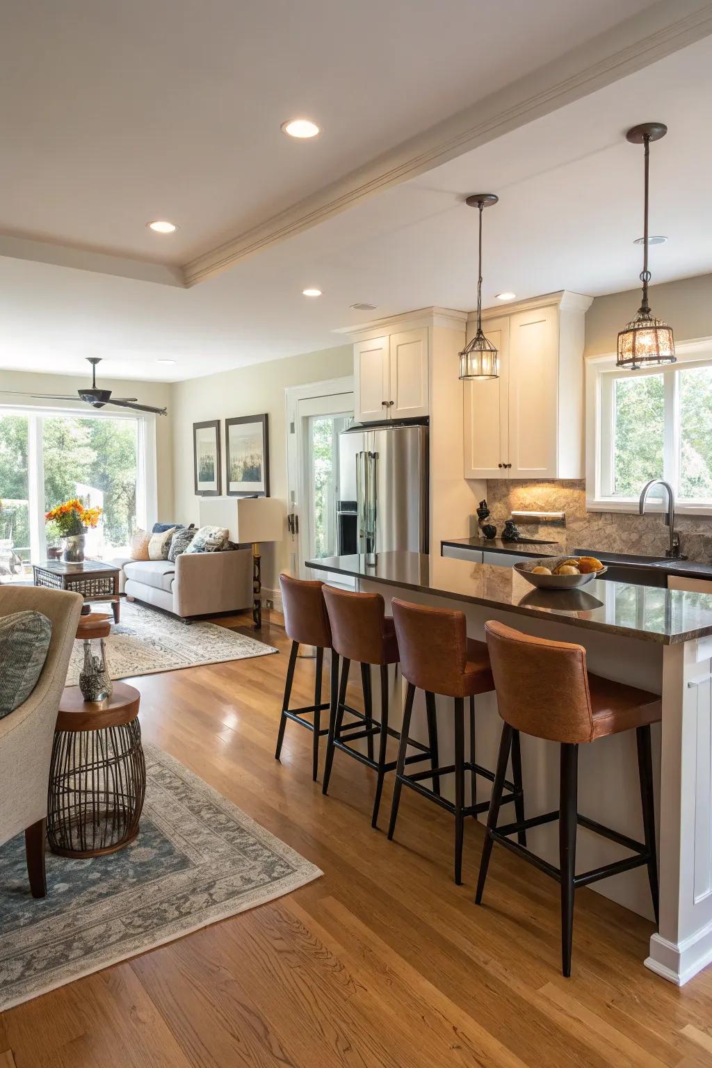 Functional furniture blurs the line between kitchen and living areas.