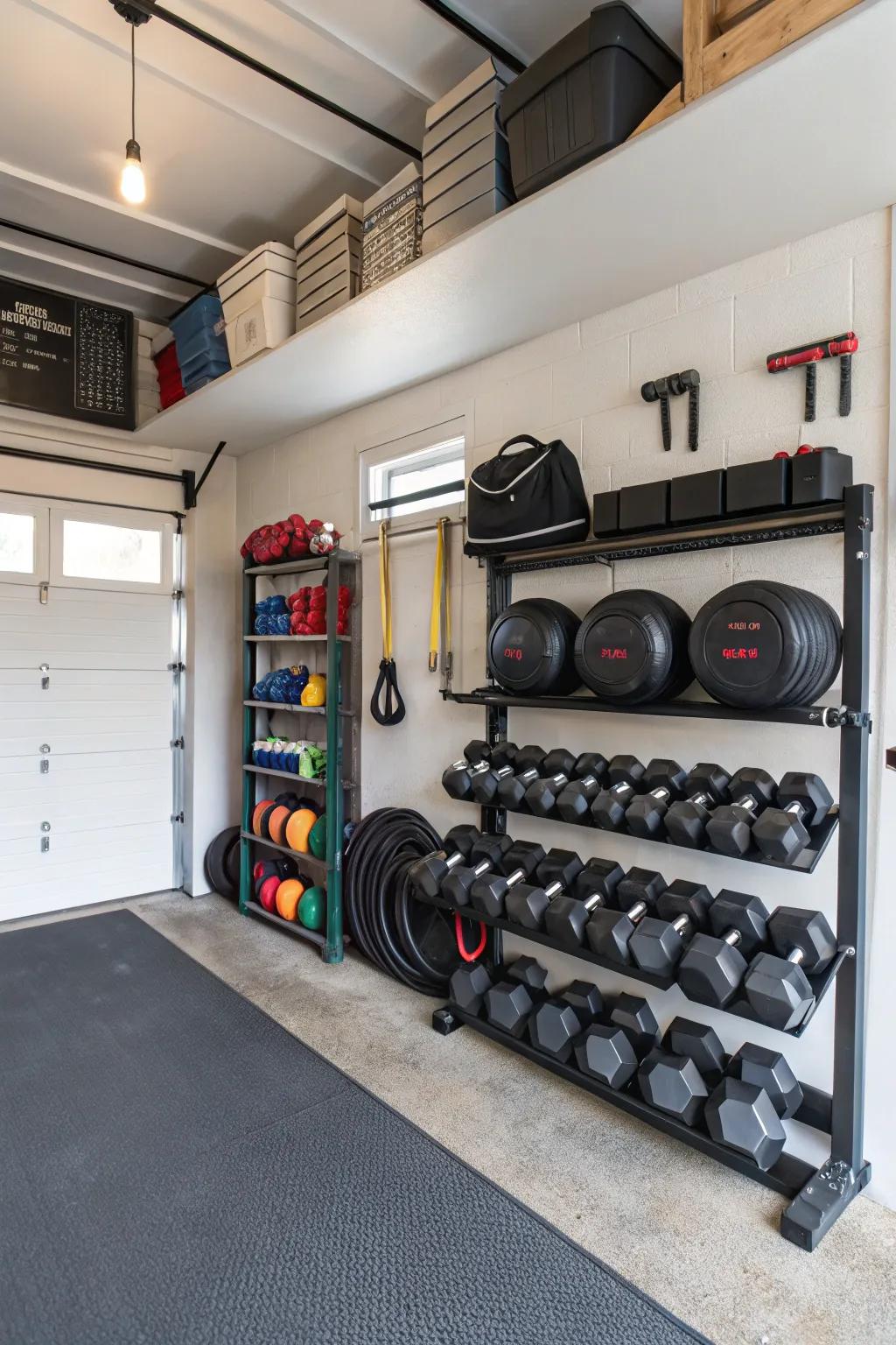 Wall-affixed storage ensures your gym equipment is organized and accessible.