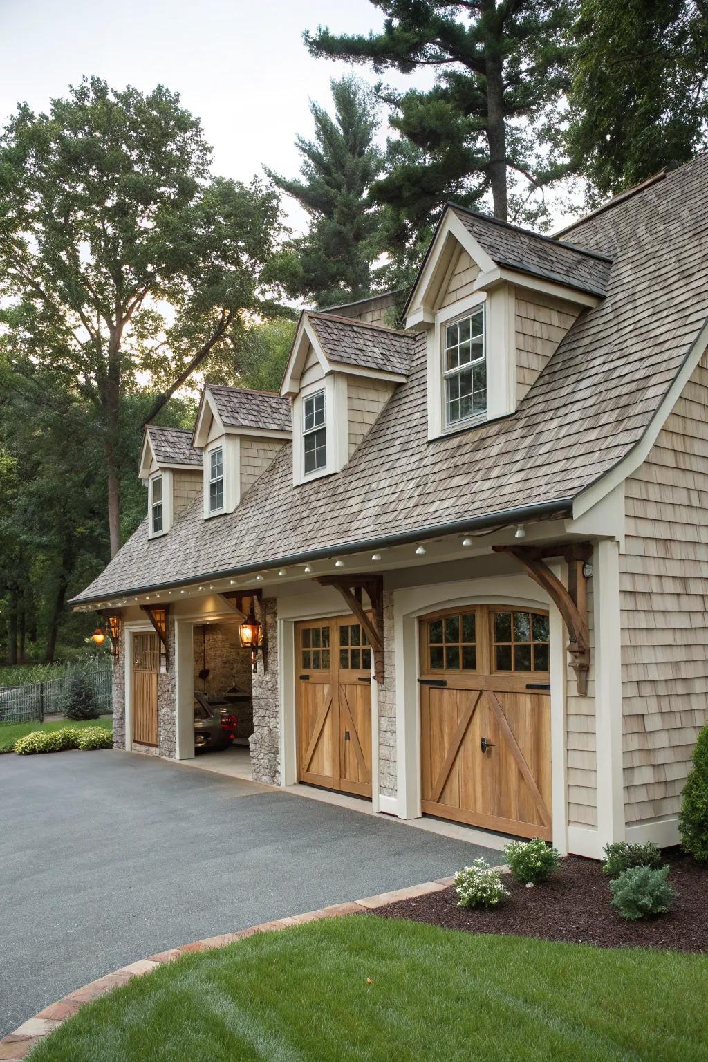 A traditional garage enhanced with charming dormers.