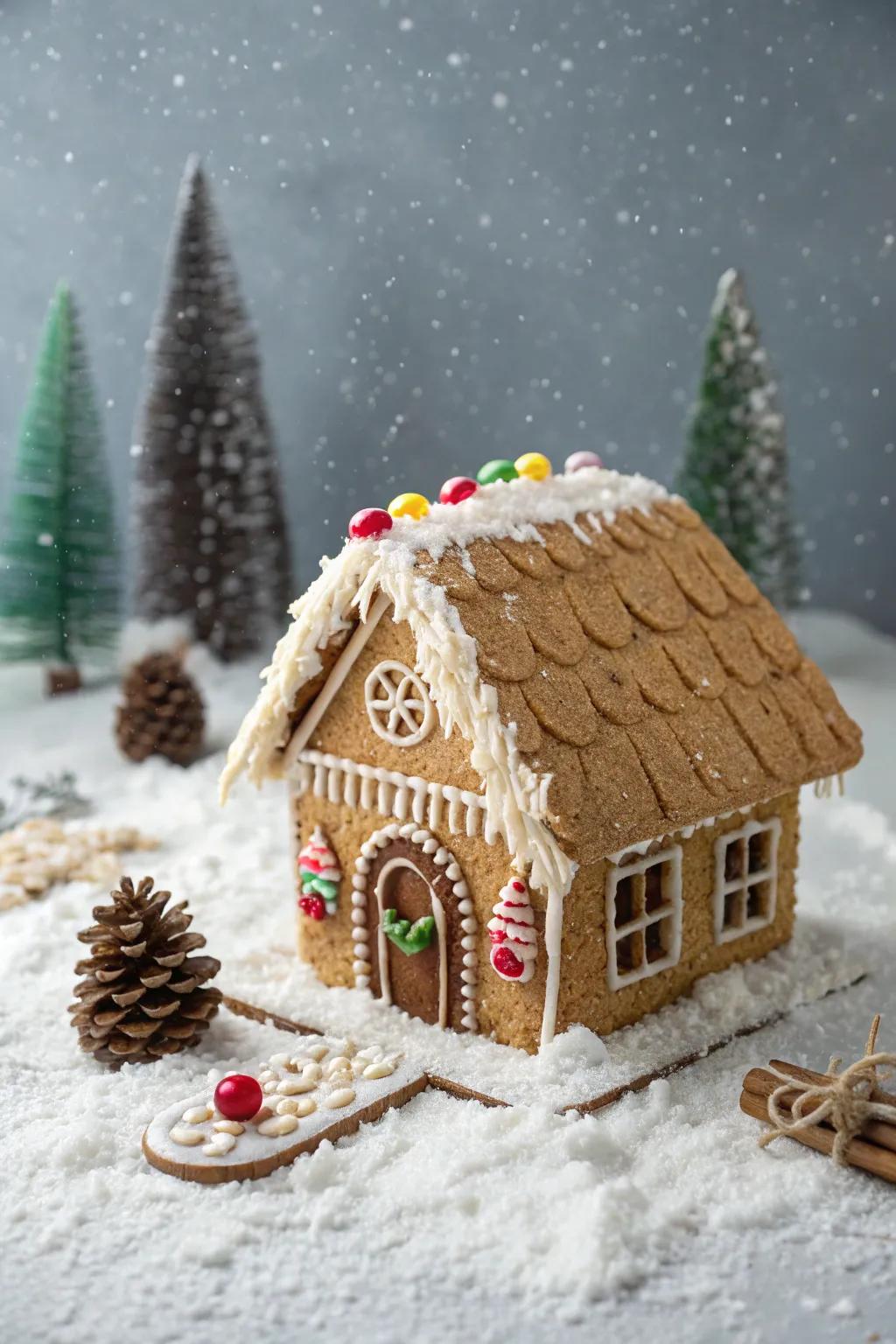 A gingerbread cabin with a thatch-inspired roof for a natural touch.