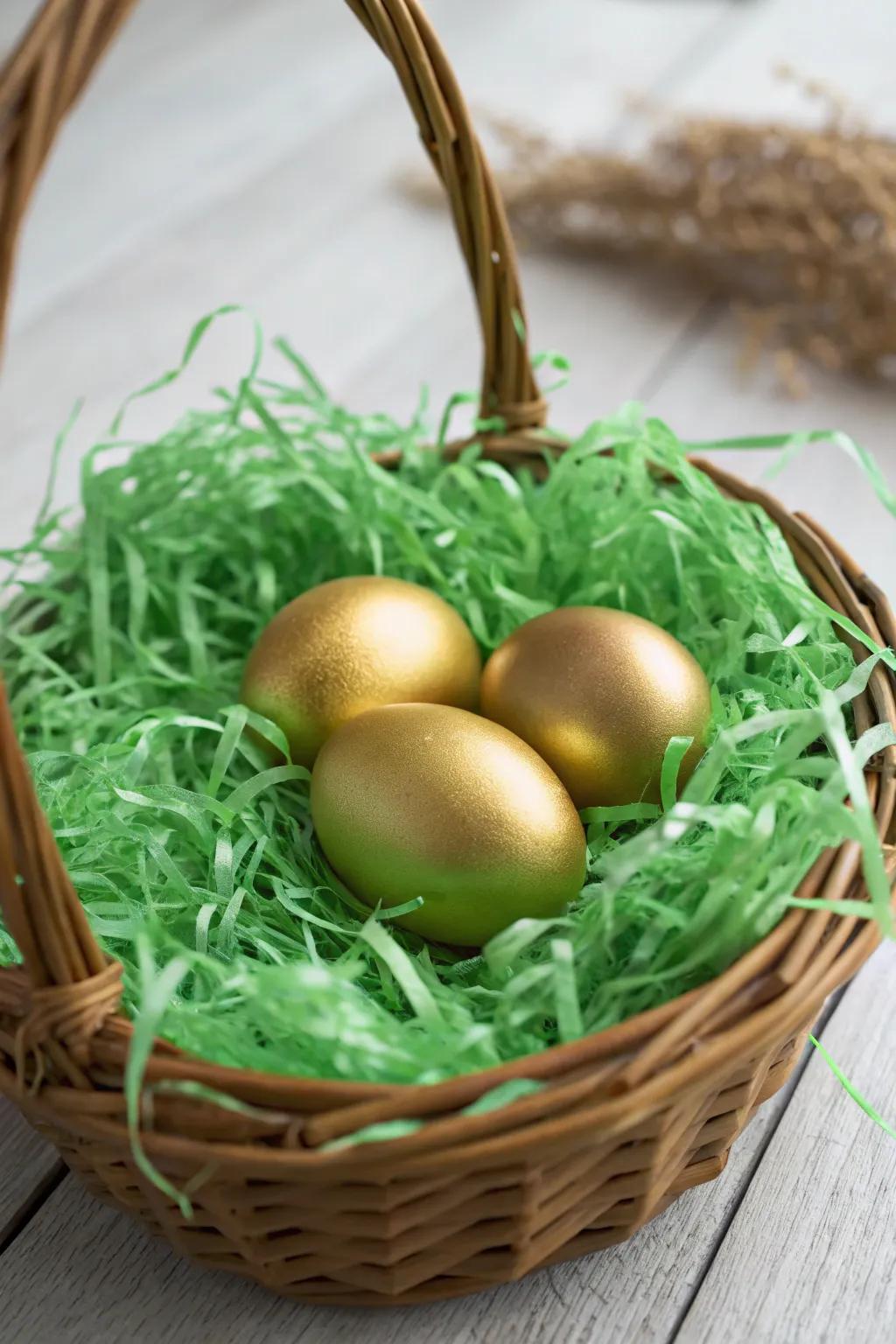 Golden eggs glow against a backdrop of vibrant green shredded paper.