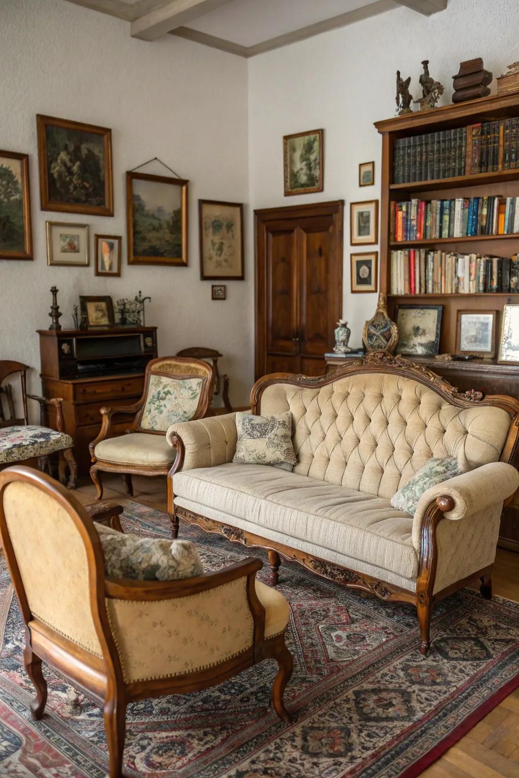 Antique furniture adds timeless elegance to a gothic-themed space.