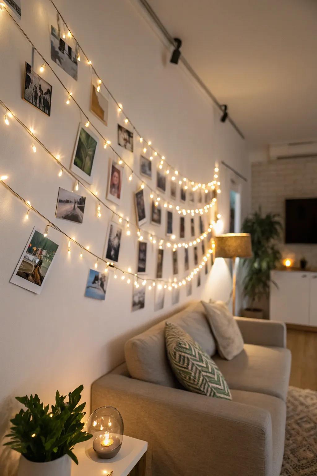 String and clips display with fairy lights creates a warm and inviting atmosphere.