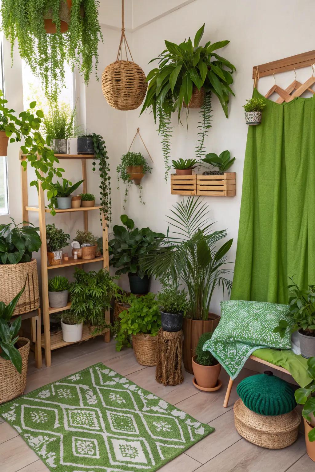 Indoor plants create a lush, natural atmosphere.