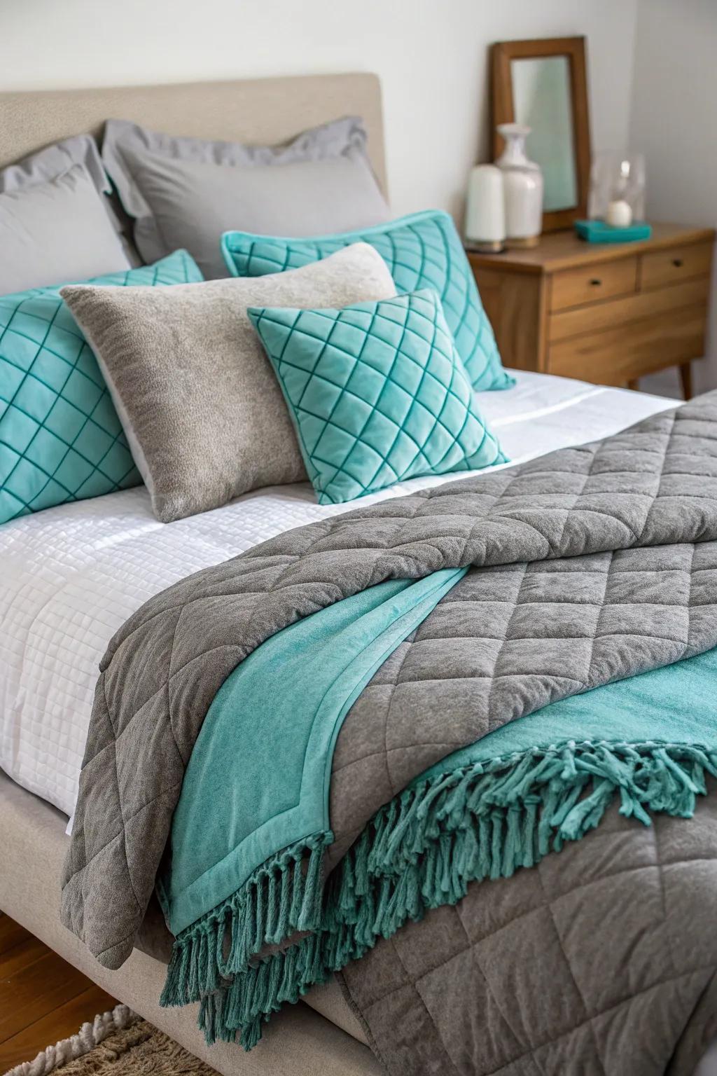 Layered bedding in grey and turquoise creates a cozy and inviting space.