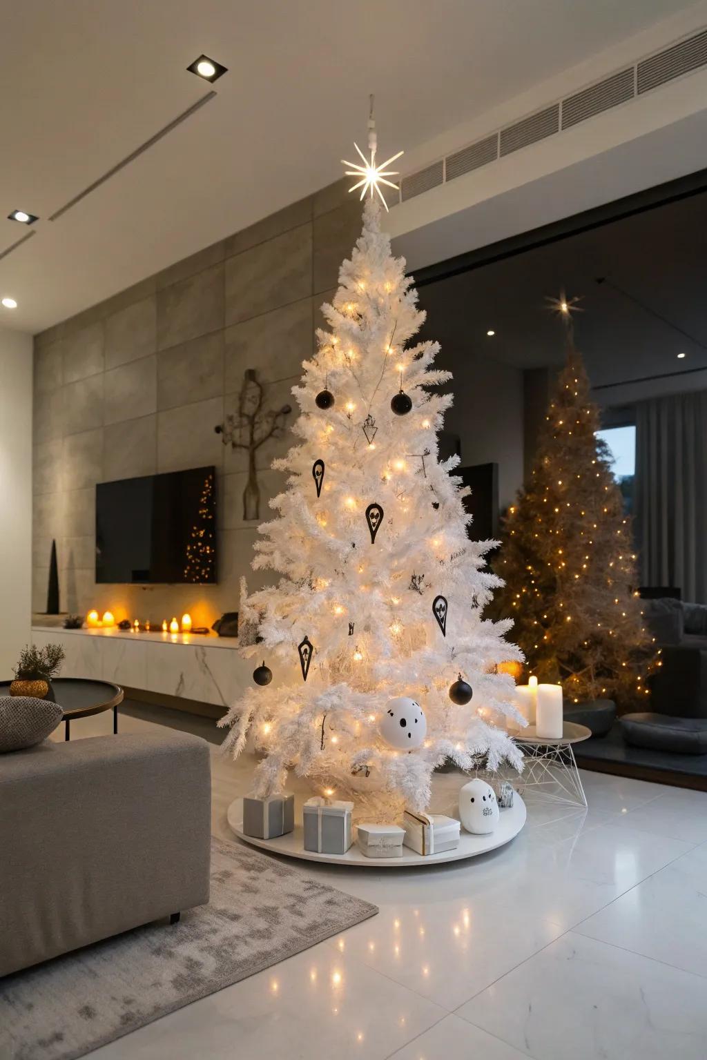 An ethereal white Halloween tree conjuring an air of spectral sophistication.