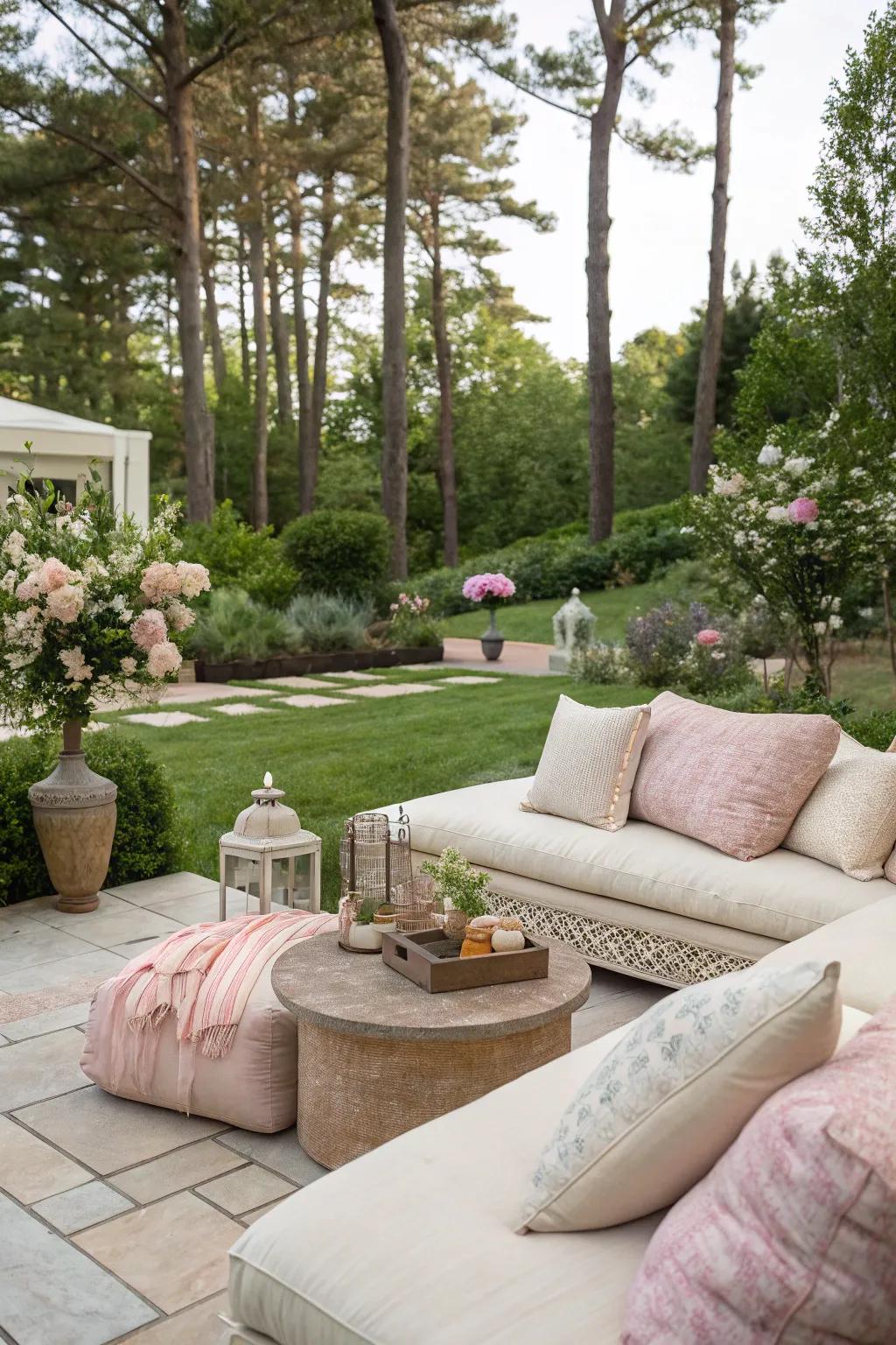 Cozy outdoor lounges bring comfort and style to your Hamptons-inspired backyard.