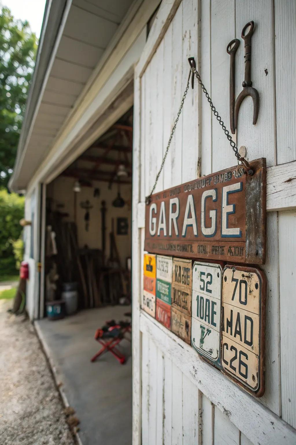 Repurposed license plates create a unique and nostalgic hanging sign.