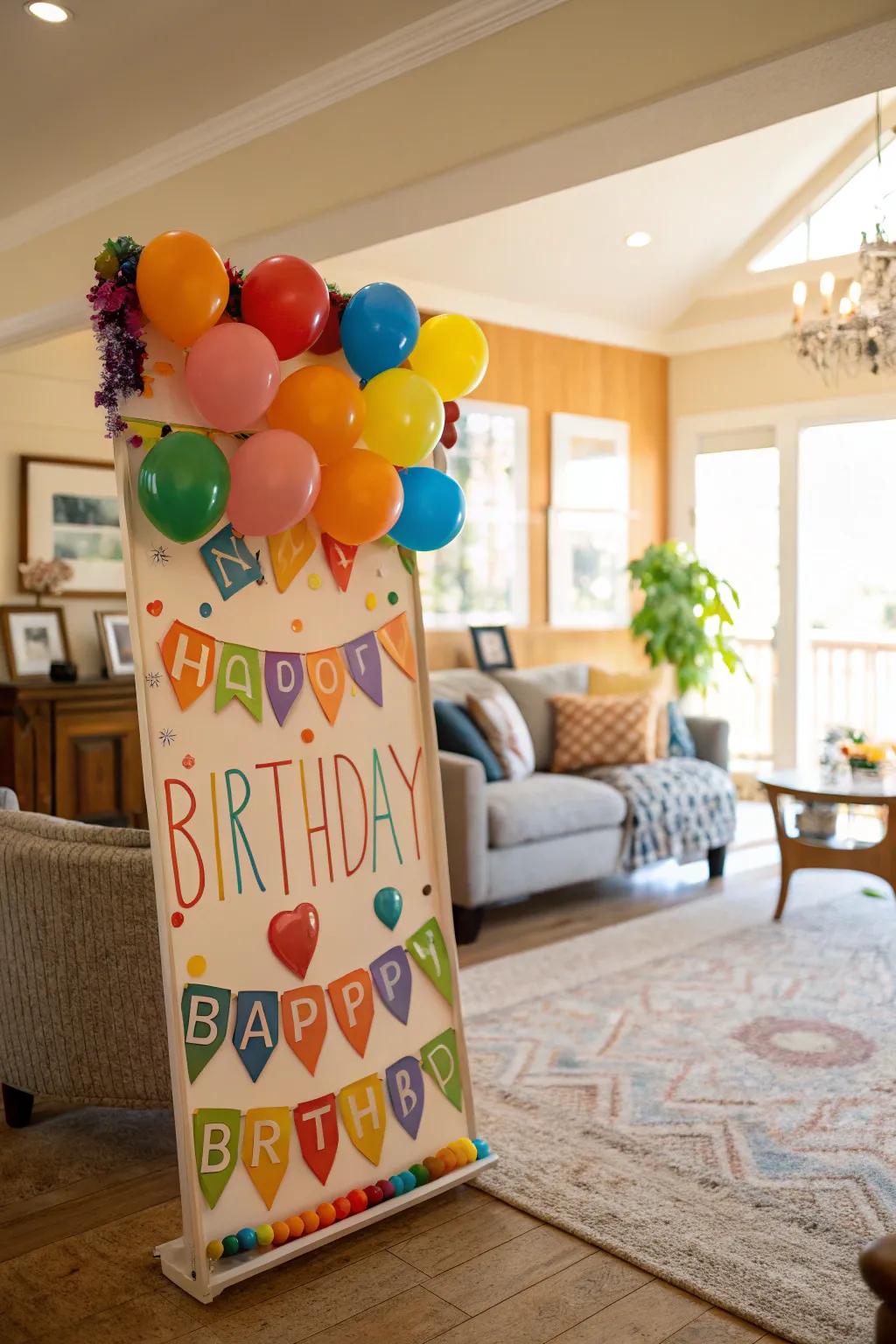 An animated birthday display embellished with chromatic inflated orbs.