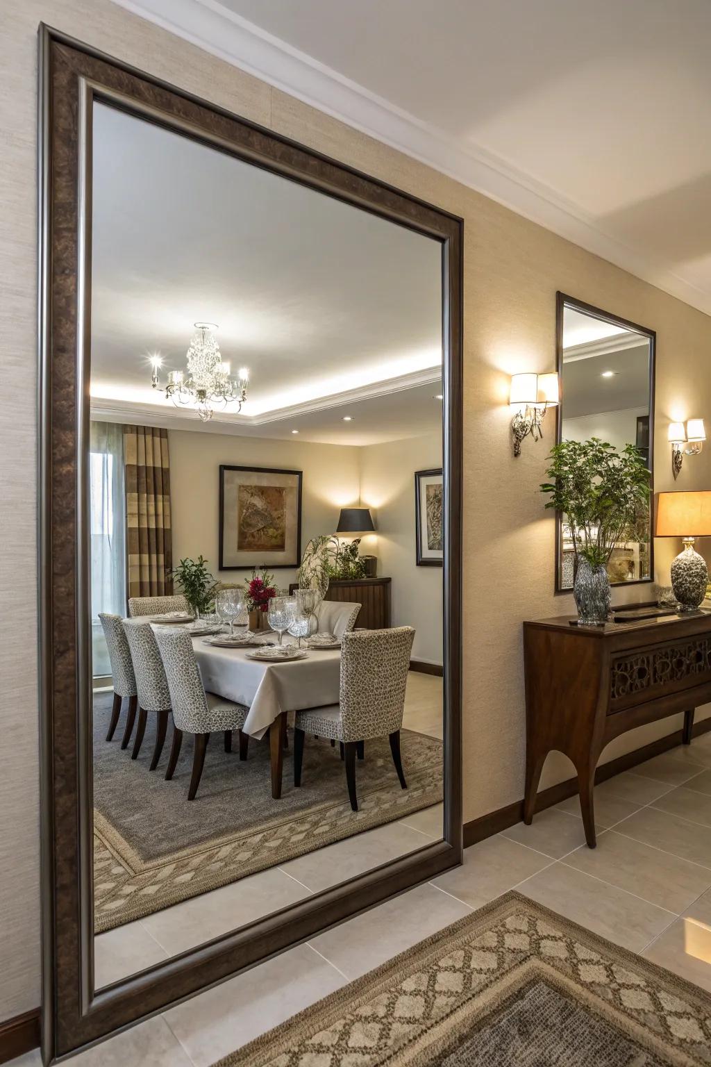 A mirror enhances the space in a charming dining area.