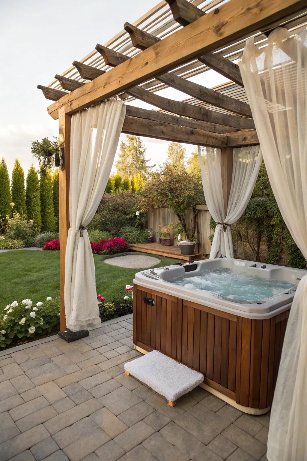A draped pergola establishes an intimate hot tub ambiance.