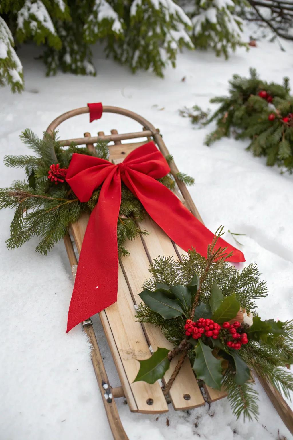 A festive sled with a vibrant red bow