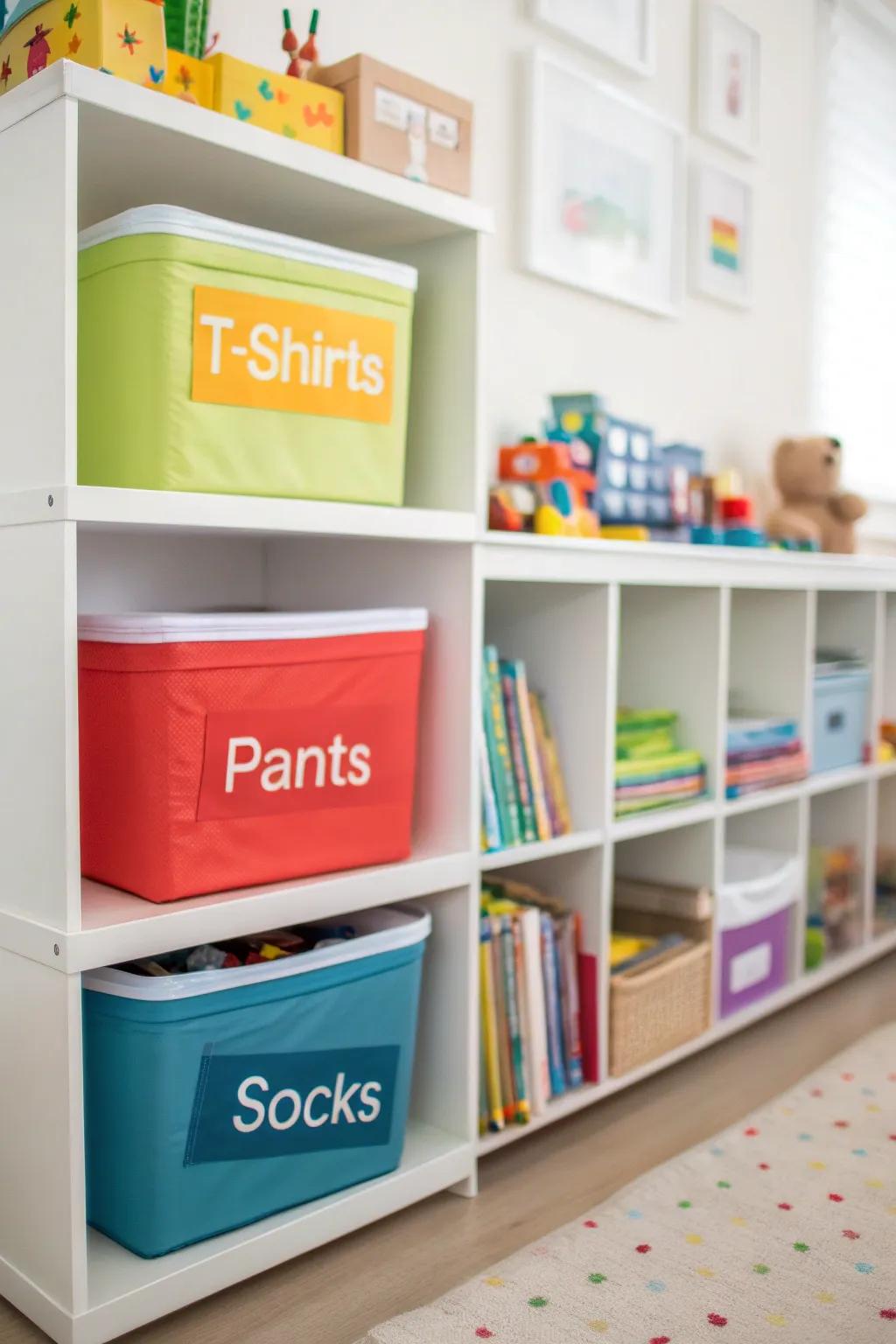 Marked containers make arranging kids' clothes more simple.