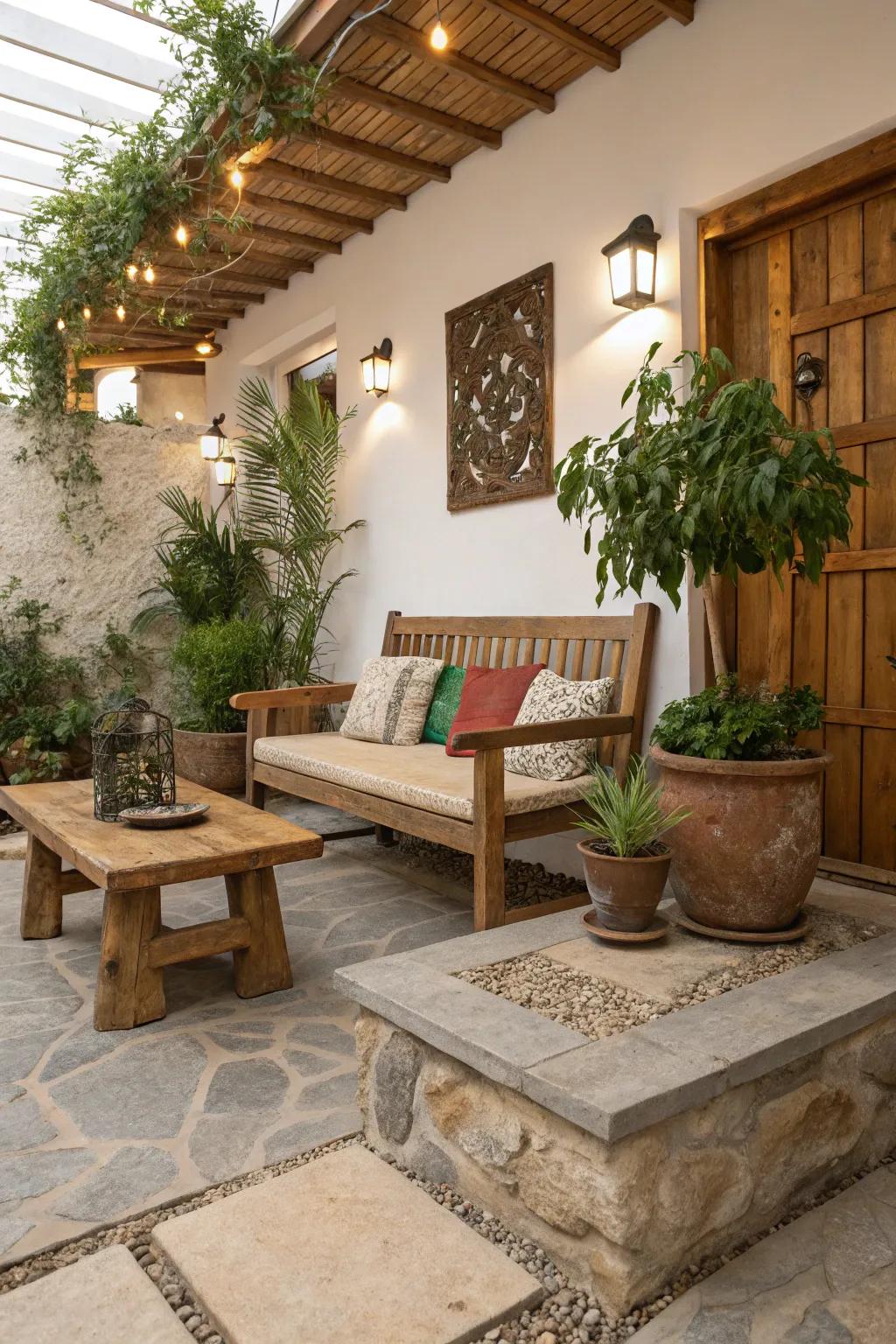 Natural elements bring an inviting warmth and texture to your indoor patio.