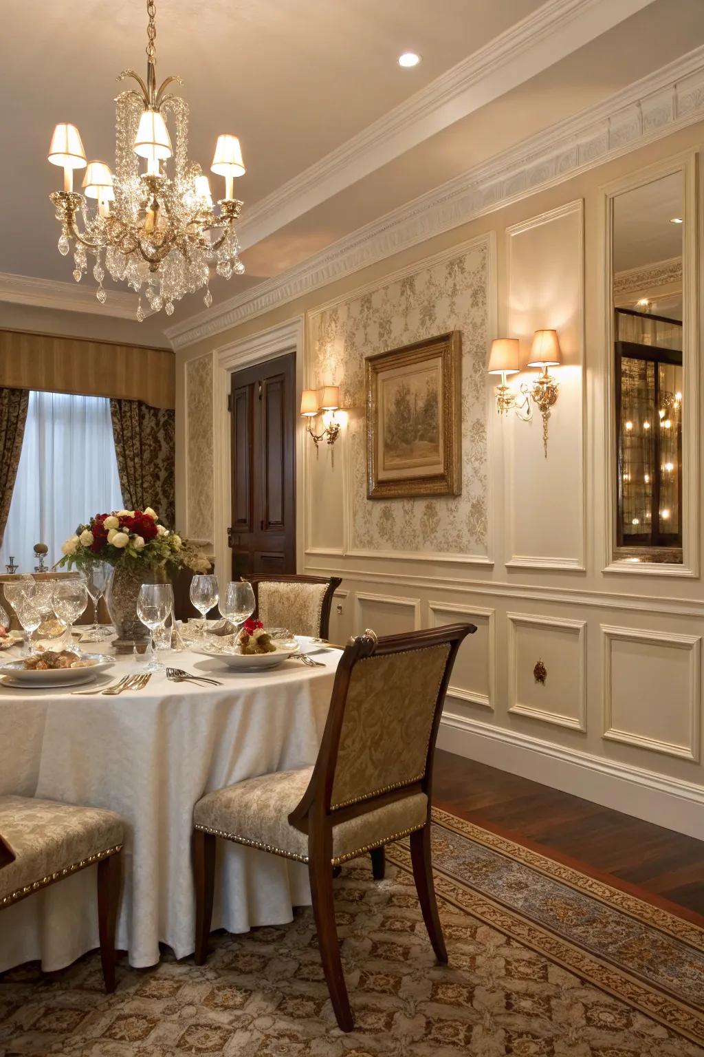 Sophisticated dining room showcasing wainscoting for added elegance.