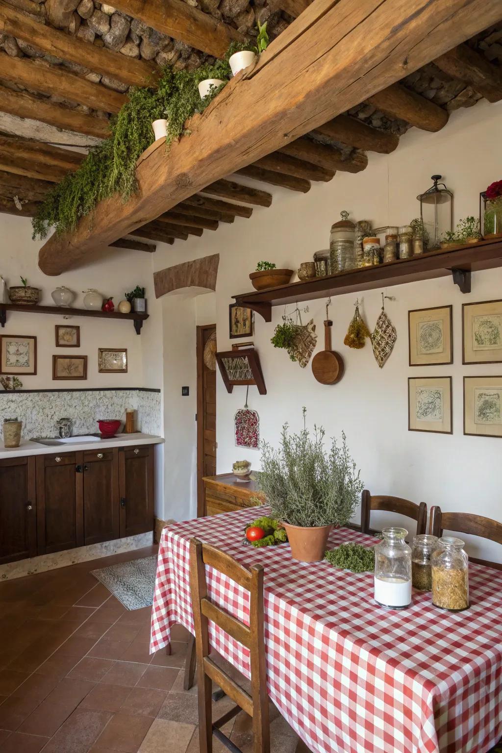 Exposed wooden beams lend a rustic charm to this Italian kitchen.