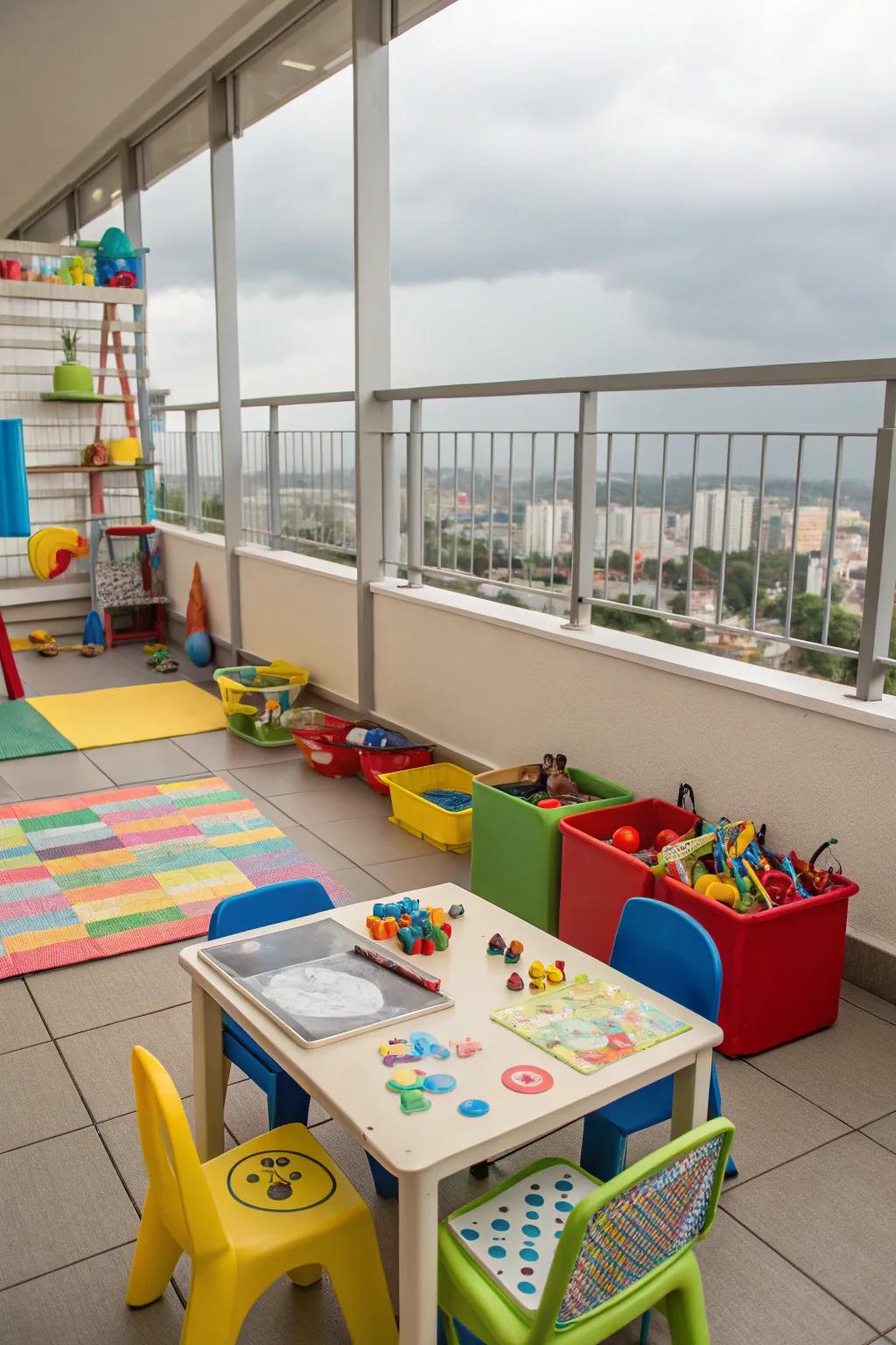 A splash of color with tiny tables and chairs turns the balcony into a creative hub.