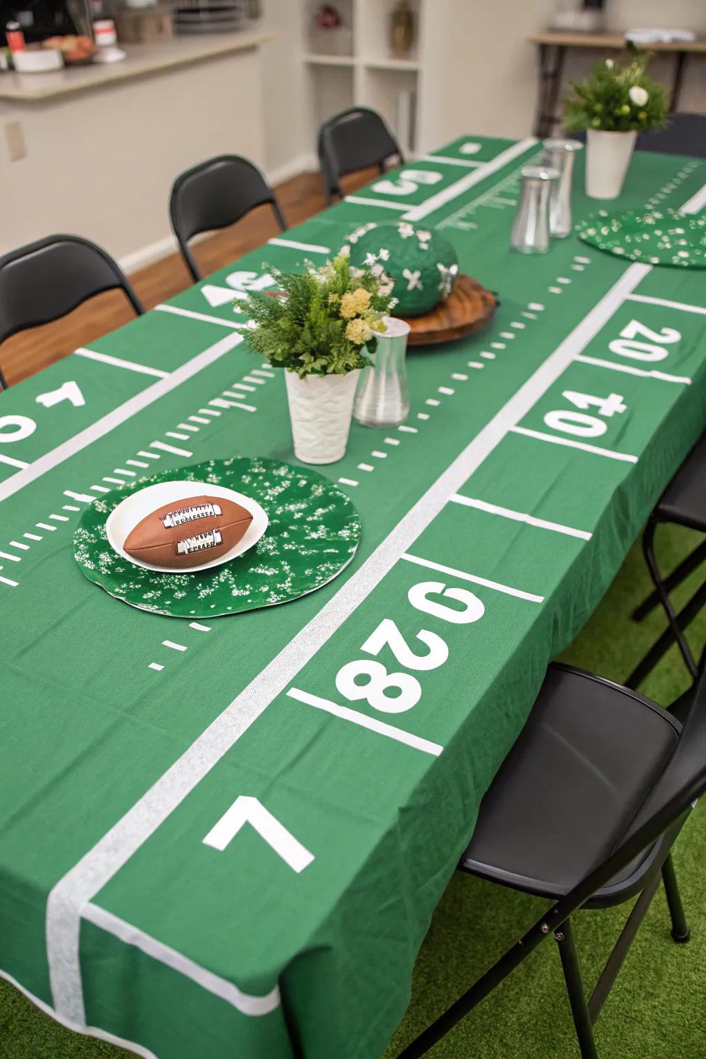 A table transformed into a football field setting for the party.