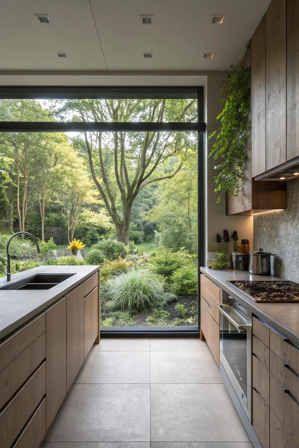 A full-length window backsplash that seamlessly brings the beauty of the outside world into the kitchen.