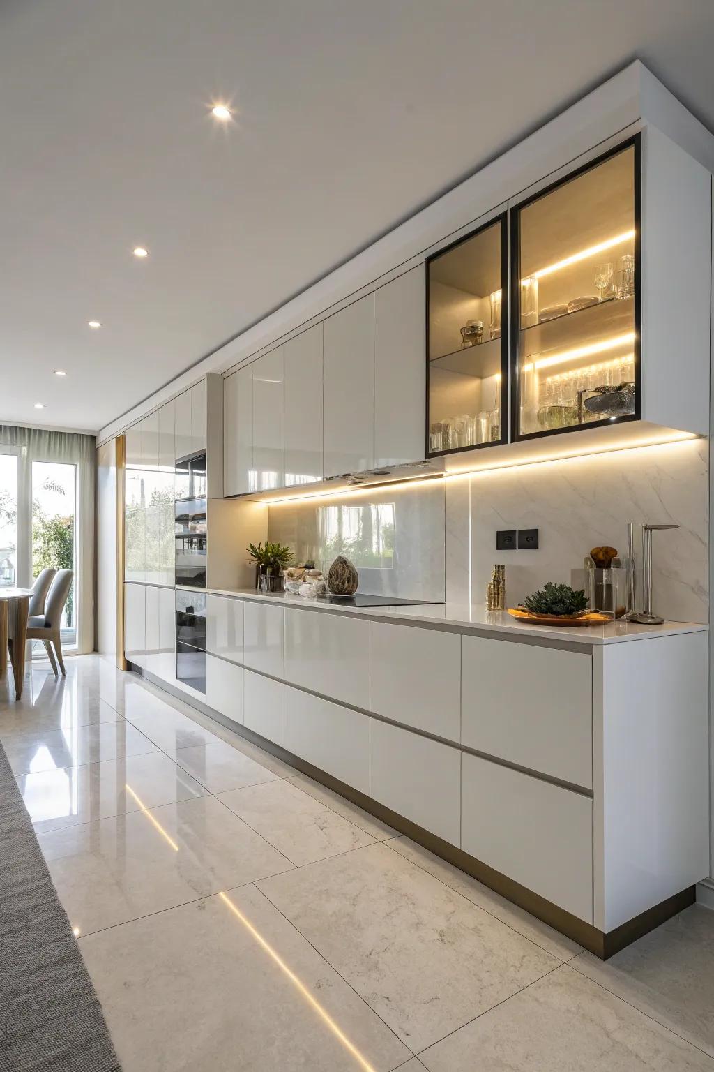 A polished, sparse sideboard incorporating integrated illumination within a modern culinary space.